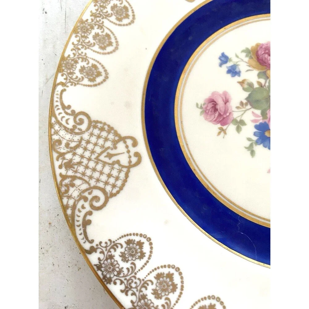 Translucent China Dinner Plate Made In Usa Cobalt Gold 8 Piece Set 1940's-1960's